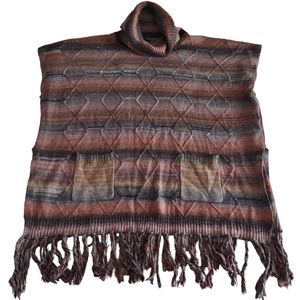 Dor Dor Couture Large Boxy Turtleneck Tassel Knit Poncho Sweater